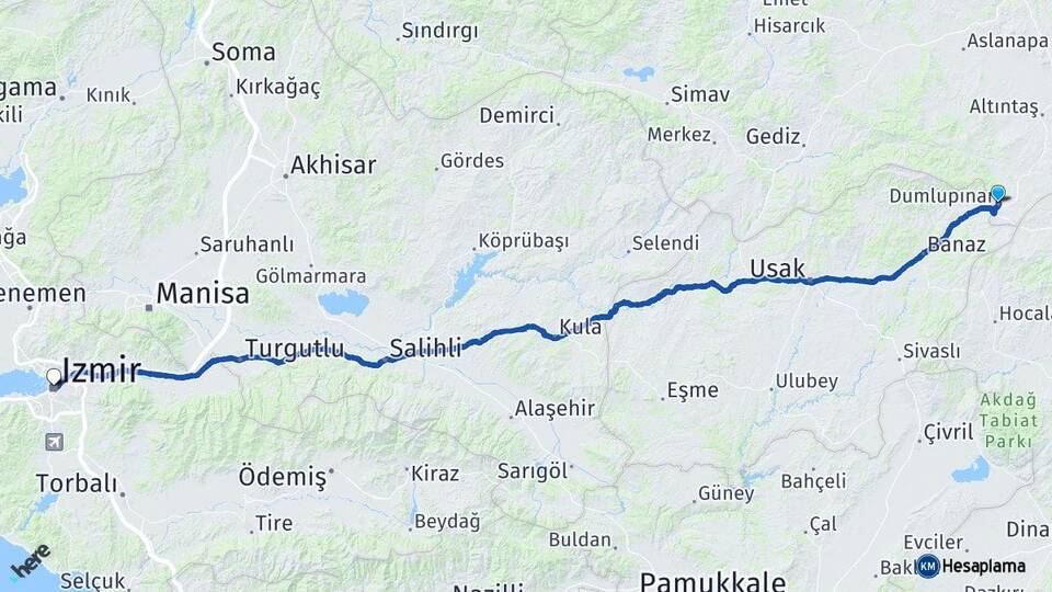 Kütahya Dumlupınar İzmir Arası Kaç Km - Yol Haritası