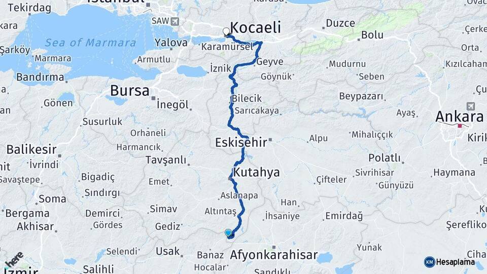 Kütahya Dumlupınar Kocaeli Arası Kaç Km - Yol Haritası
