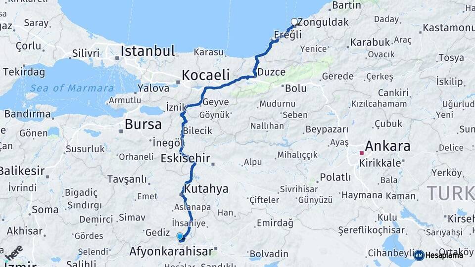 Kütahya Dumlupınar Zonguldak Arası Kaç Km - Yol Haritası