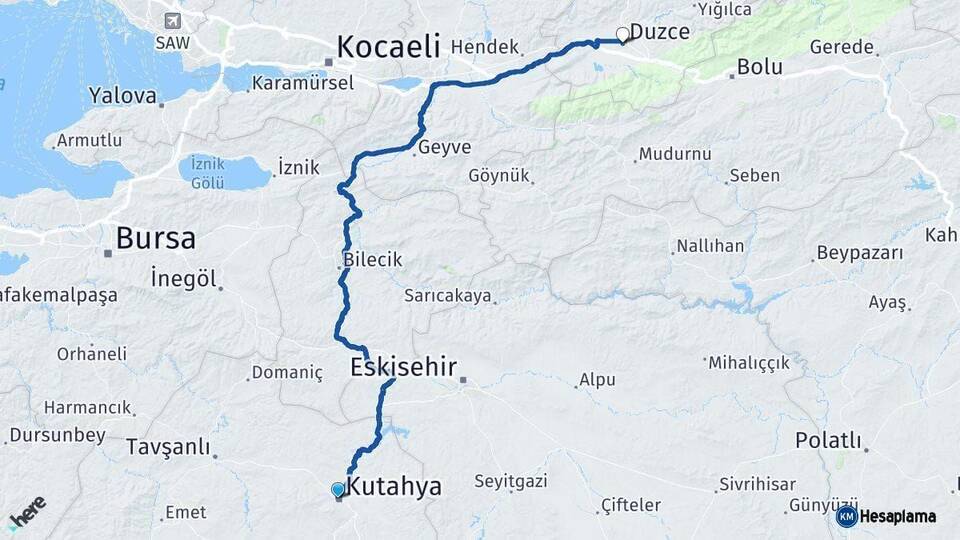 Kütahya Düzce Arası Kaç Km - Yol Haritası