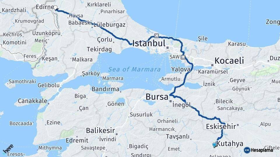 Kütahya Edirne Arası Kaç Km - Yol Haritası