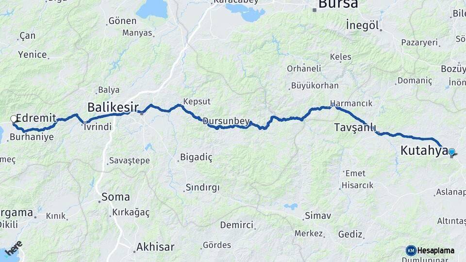 Kütahya Edremit Balıkesir Arası Kaç Km - Yol Haritası