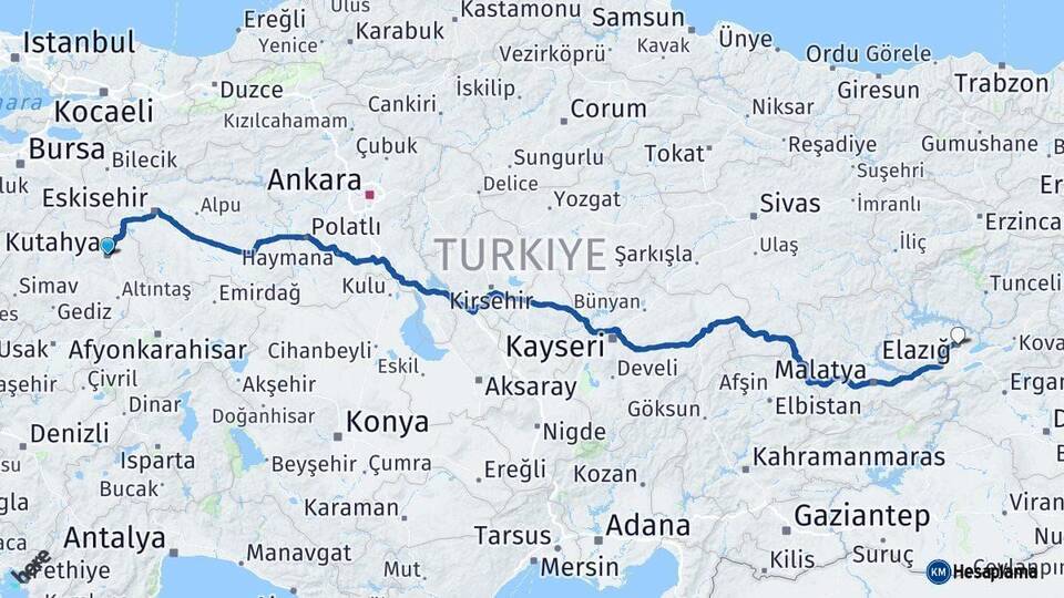 Kütahya Elazığ Arası Kaç Km - Yol Haritası