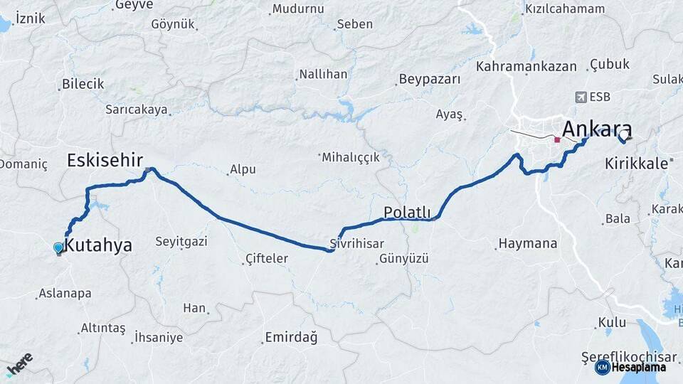 Kütahya Elmadağ Ankara Arası Kaç Km - Yol Haritası