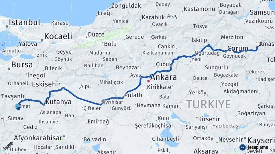 Kütahya Emet Amasya Arası Kaç Km - Yol Haritası