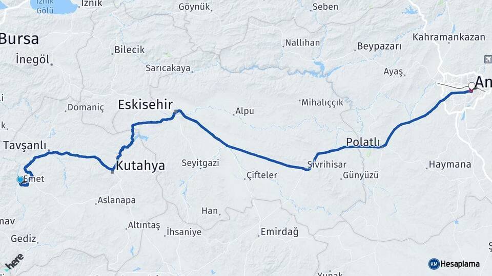 Kütahya Emet Ankara Arası Kaç Km - Yol Haritası