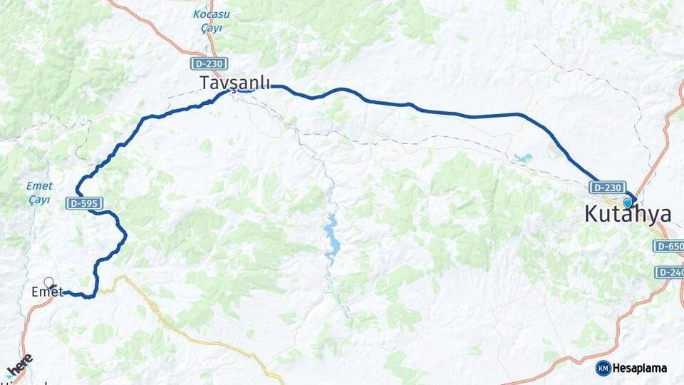 Kütahya Emet Arası Kaç Km - Yol Haritası
