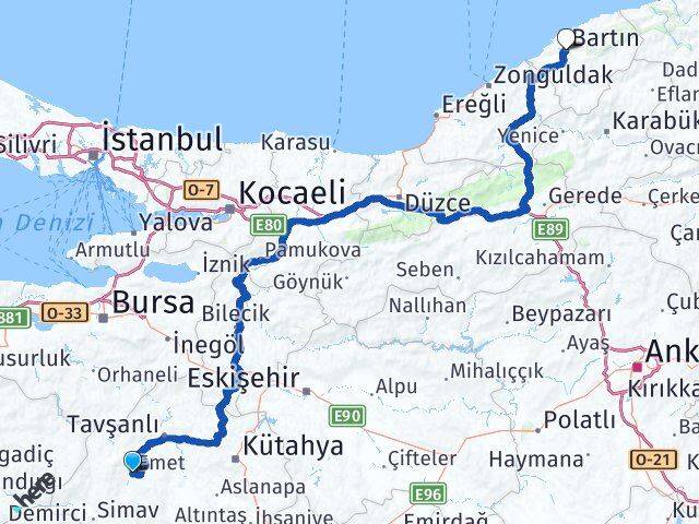 Kütahya Emet Bartın Arası Kaç Km - Yol Haritası