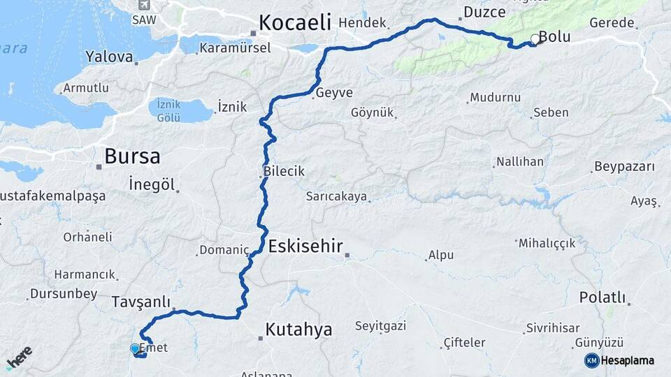 Kütahya Emet Bolu Arası Kaç Km - Yol Haritası
