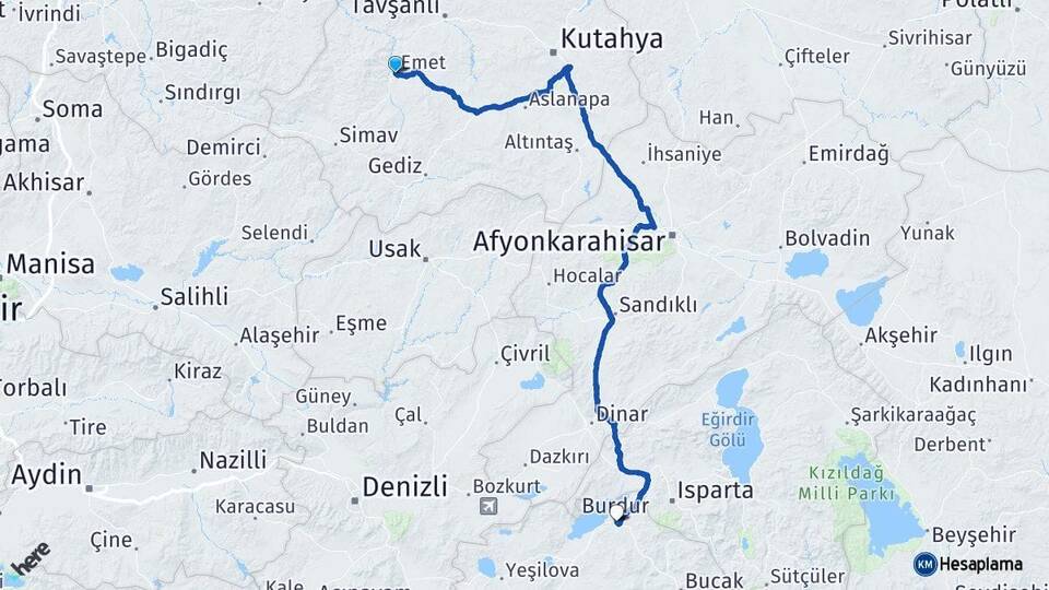 Kütahya Emet Burdur Arası Kaç Km - Yol Haritası