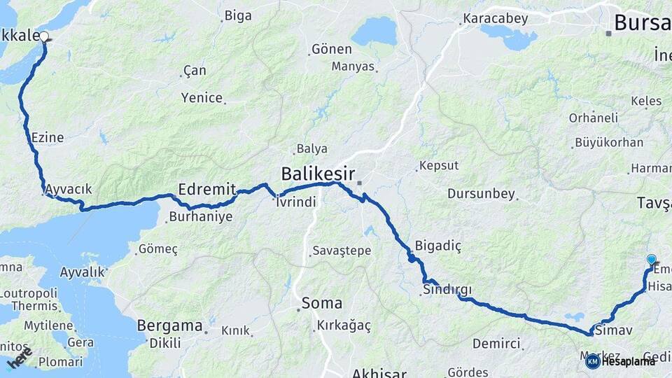 Kütahya Emet Çanakkale Arası Kaç Km - Yol Haritası