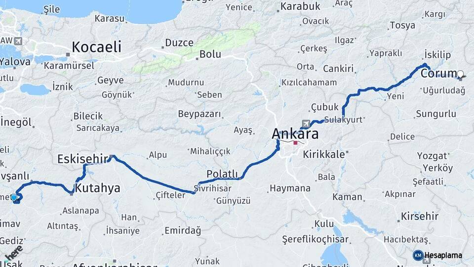 Kütahya Emet Çorum Arası Kaç Km - Yol Haritası