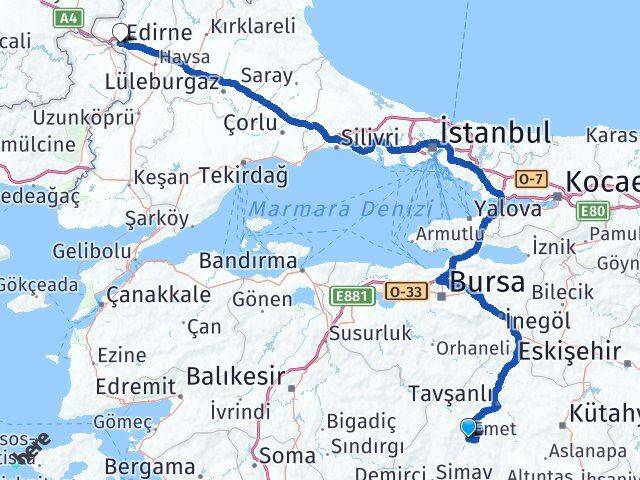 Kütahya Emet Edirne Arası Kaç Km - Yol Haritası