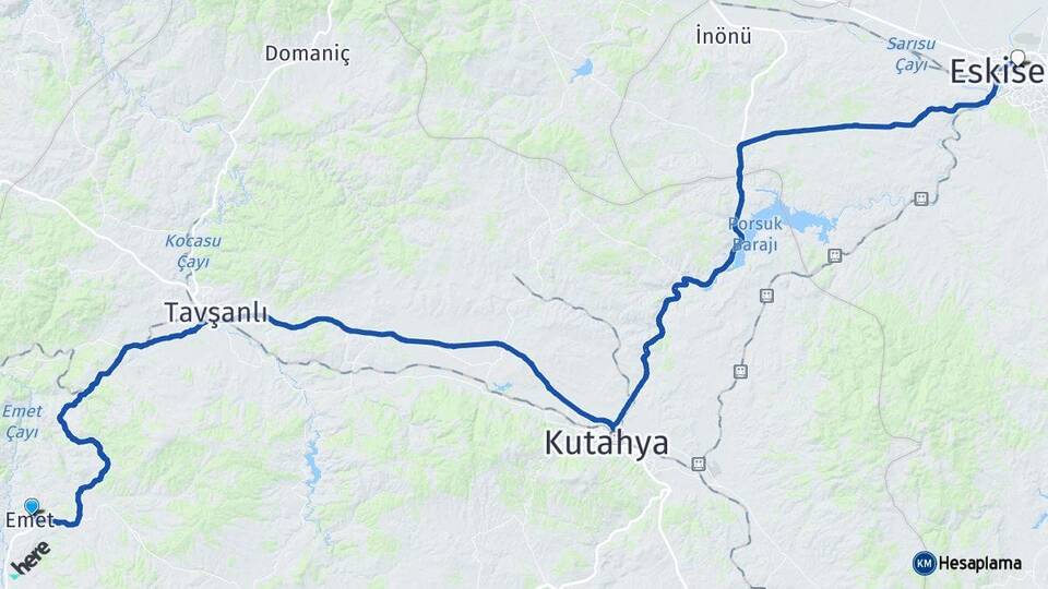 Kütahya Emet Eskişehir Arası Kaç Km - Yol Haritası