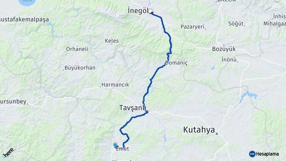 Kütahya Emet İnegöl Bursa Arası Kaç Km - Yol Haritası