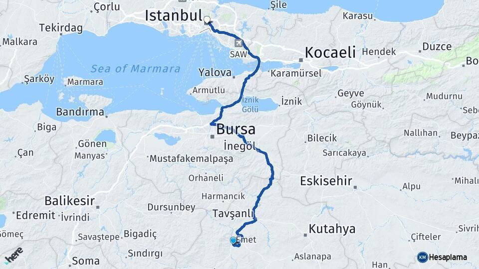 Kütahya Emet İstanbul Arası Kaç Km - Yol Haritası