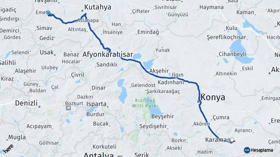 Kütahya Emet Karaman Arası Kaç Km - Yol Haritası