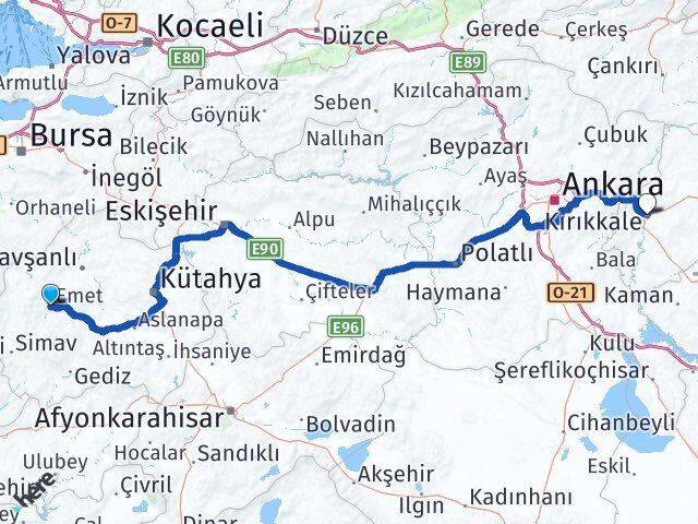 Kütahya Emet Kırıkkale Arası Kaç Km - Yol Haritası
