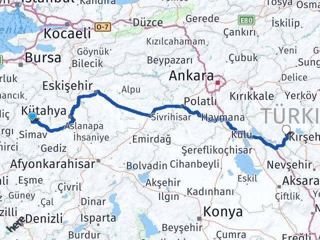 Kütahya Emet Kırşehir Arası Kaç Km - Yol Haritası