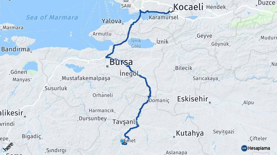 Kütahya Emet Kocaeli Arası Kaç Km - Yol Haritası