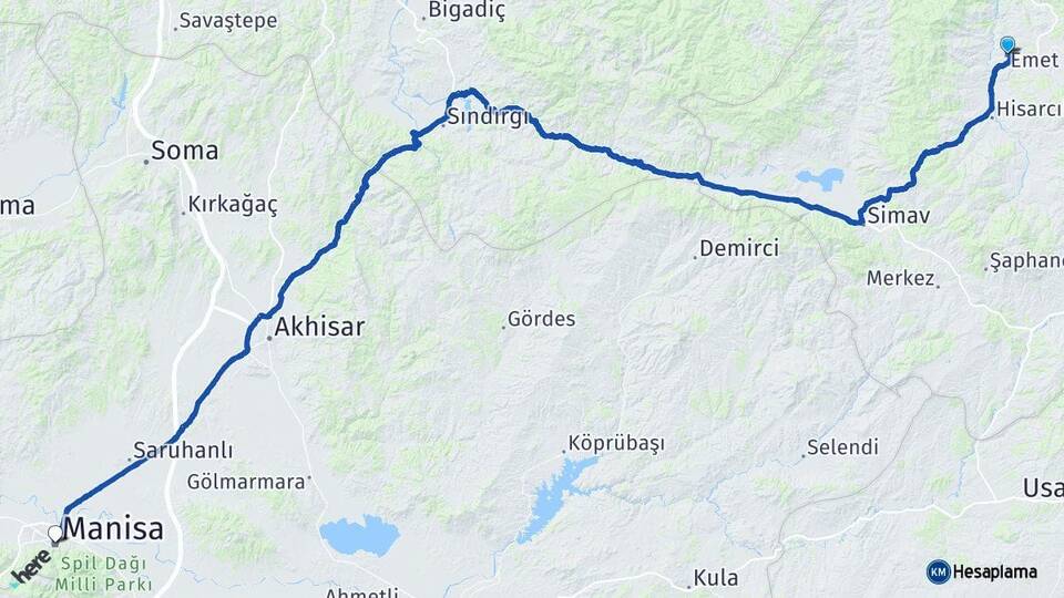 Kütahya Emet Manisa Arası Kaç Km - Yol Haritası
