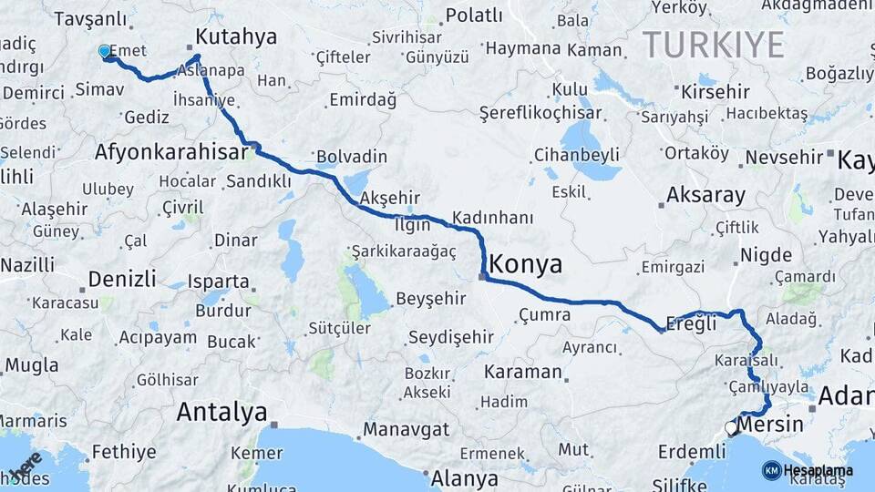 Kütahya Emet Mersin Arası Kaç Km - Yol Haritası