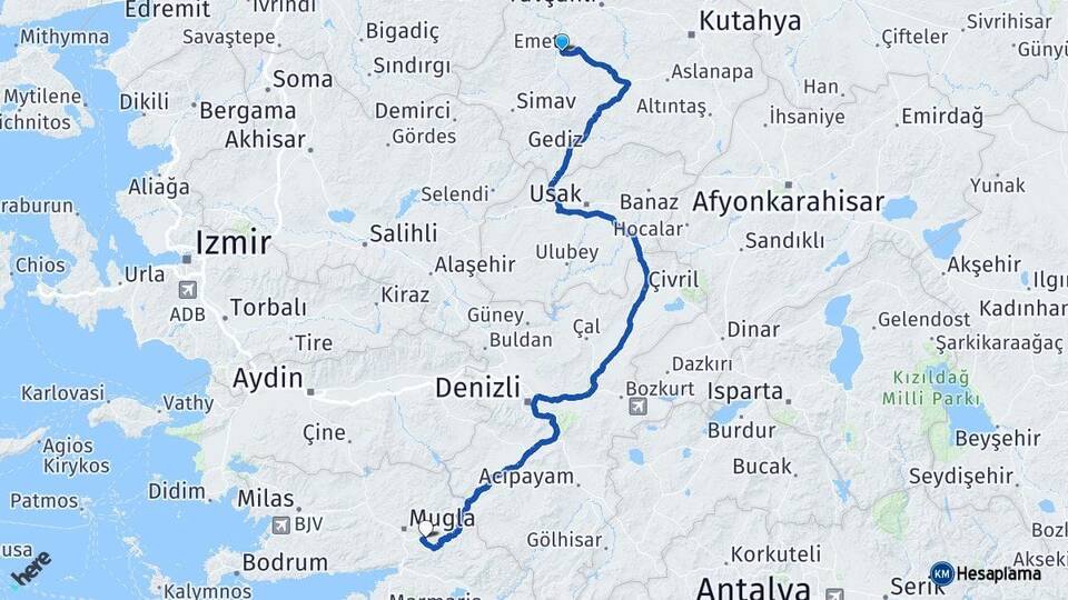 Kütahya Emet Muğla Arası Kaç Km - Yol Haritası