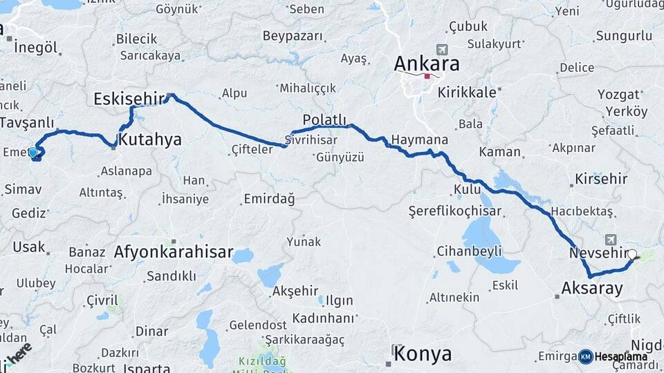Kütahya Emet Nevşehir Arası Kaç Km - Yol Haritası