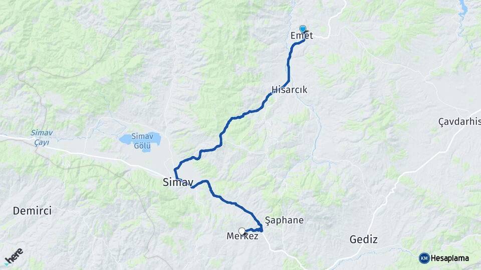 Kütahya Emet Pazarlar Arası Kaç Km - Yol Haritası