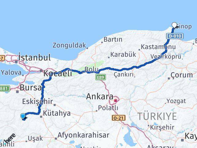Kütahya Emet Sinop Arası Kaç Km - Yol Haritası
