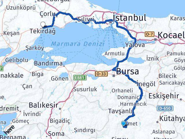 Kütahya Emet Tekirdağ Arası Kaç Km - Yol Haritası