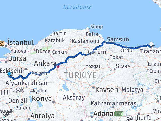 Kütahya Emet Trabzon Arası Kaç Km - Yol Haritası