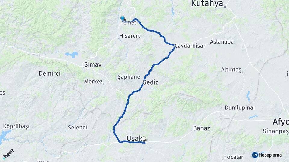 Kütahya Emet Uşak Arası Kaç Km - Yol Haritası