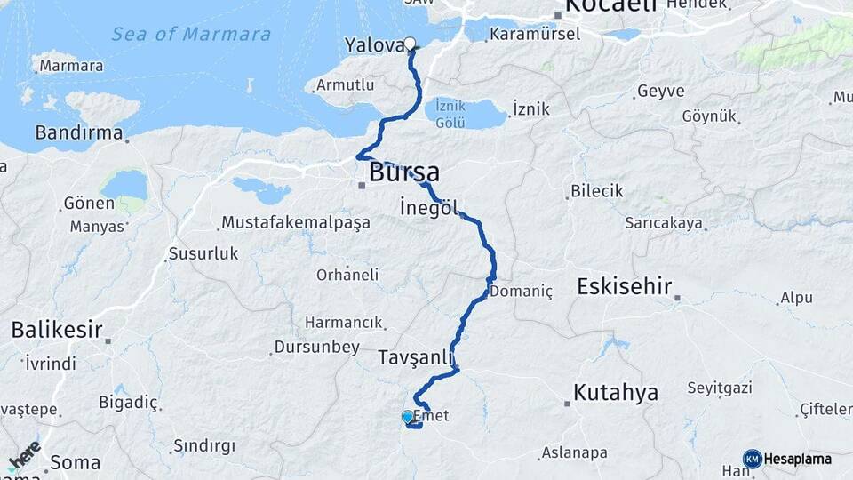 Kütahya Emet Yalova Arası Kaç Km - Yol Haritası