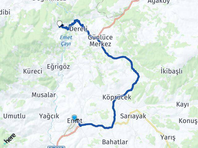 Kütahya Emet Yaylayolu Emet Arası Kaç Km - Yol Haritası