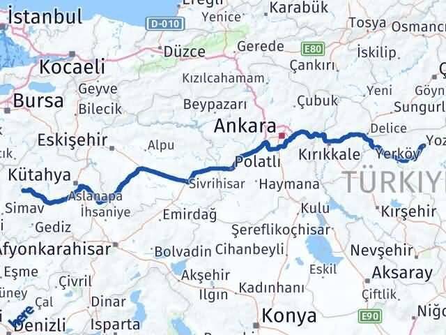 Kütahya Emet Yozgat Arası Kaç Km - Yol Haritası