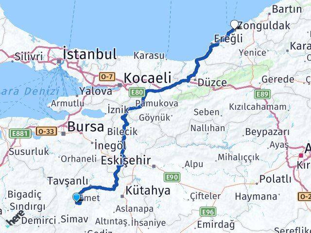 Kütahya Emet Zonguldak Arası Kaç Km - Yol Haritası