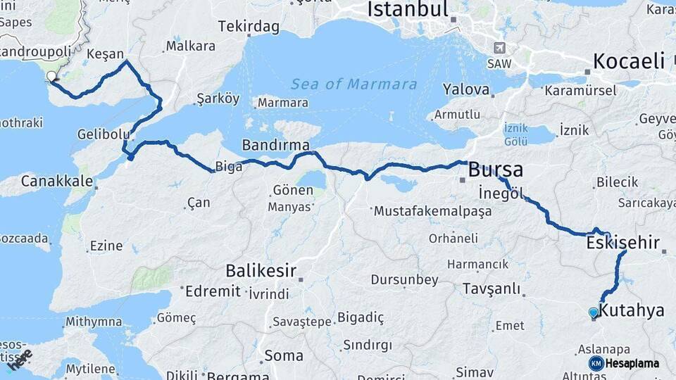 Kütahya Enez Edirne Arası Kaç Km - Yol Haritası