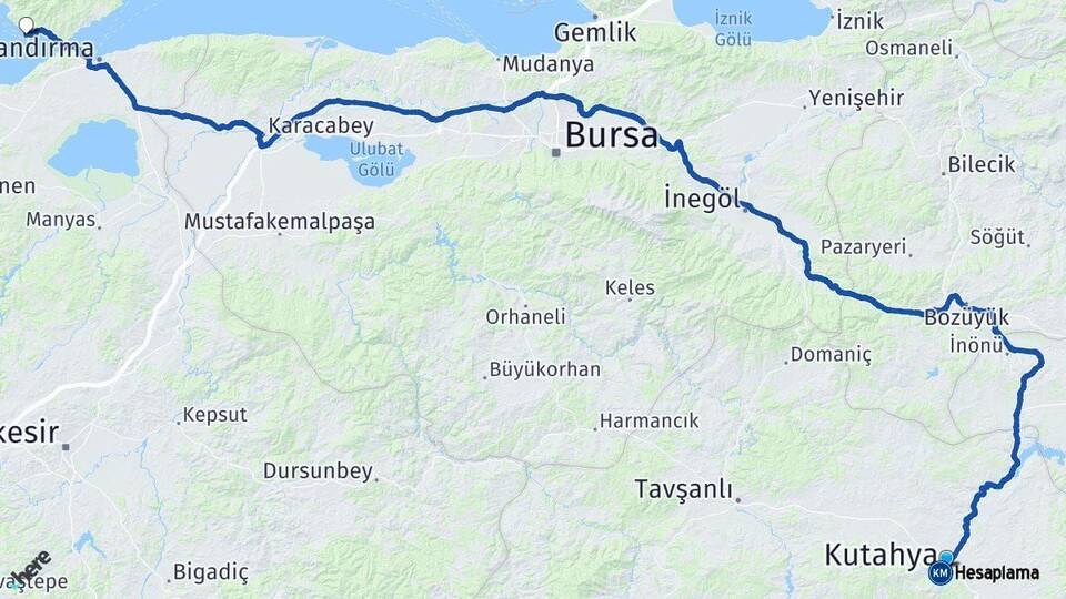 Kütahya Erdek Balıkesir Arası Kaç Km - Yol Haritası