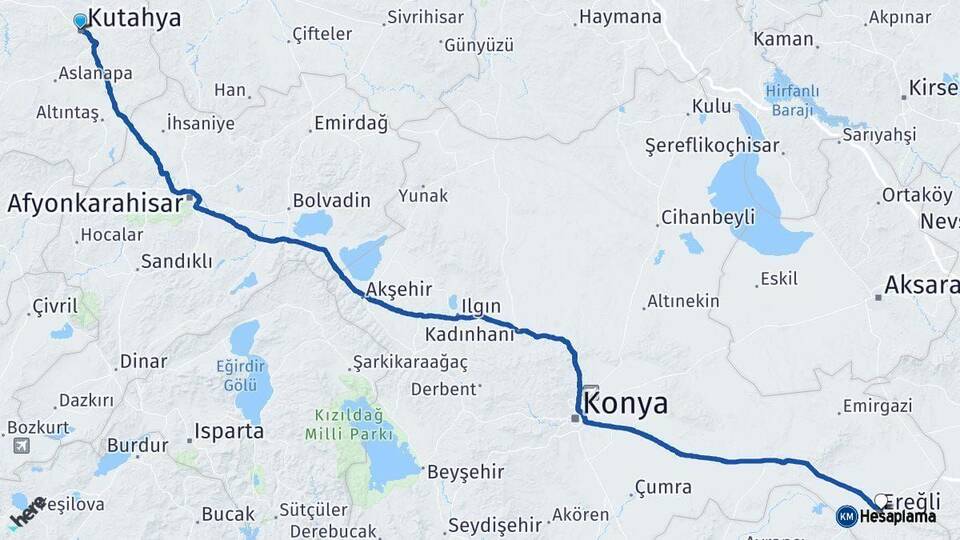 Kütahya Ereğli Konya Arası Kaç Km - Yol Haritası
