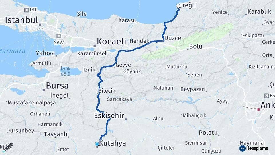 Kütahya Ereğli Zonguldak Arası Kaç Km - Yol Haritası