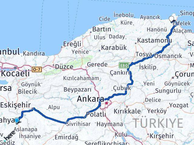 Kütahya Erfelek Sinop Arası Kaç Km - Yol Haritası