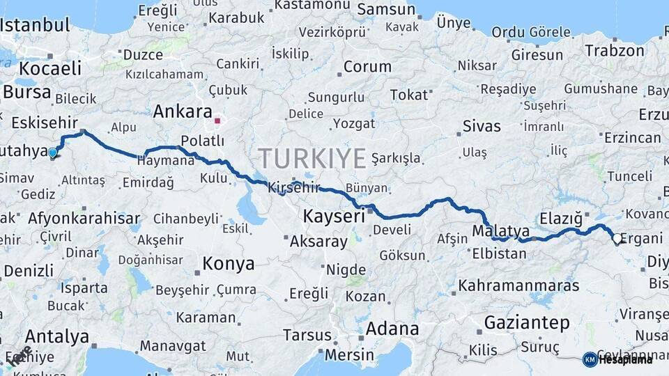 Kütahya Ergani Diyarbakır Arası Kaç Km - Yol Haritası