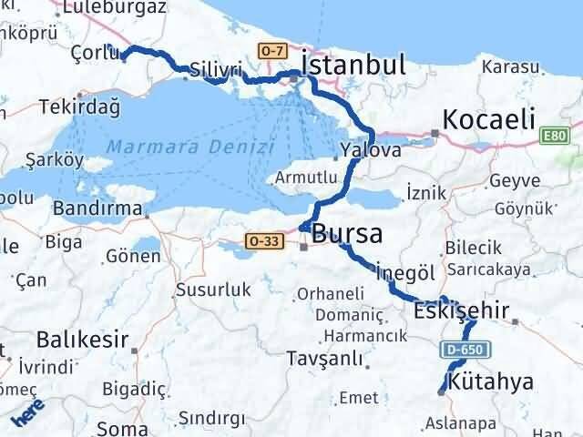 Kütahya Ergene Tekirdağ Arası Kaç Km - Yol Haritası