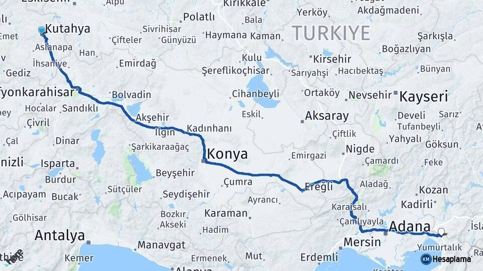 Kütahya Erzin Hatay Arası Kaç Km - Yol Haritası