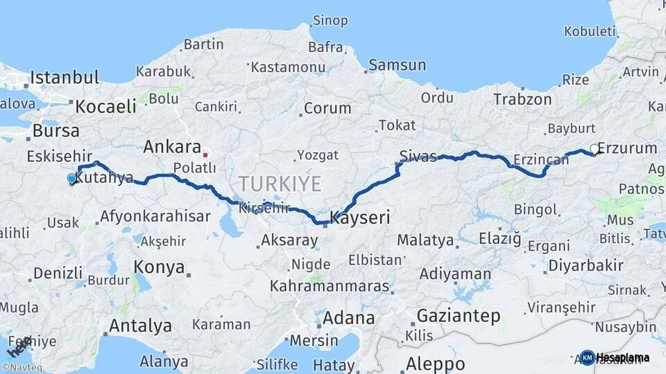 Kütahya Erzurum Arası Kaç Km - Yol Haritası