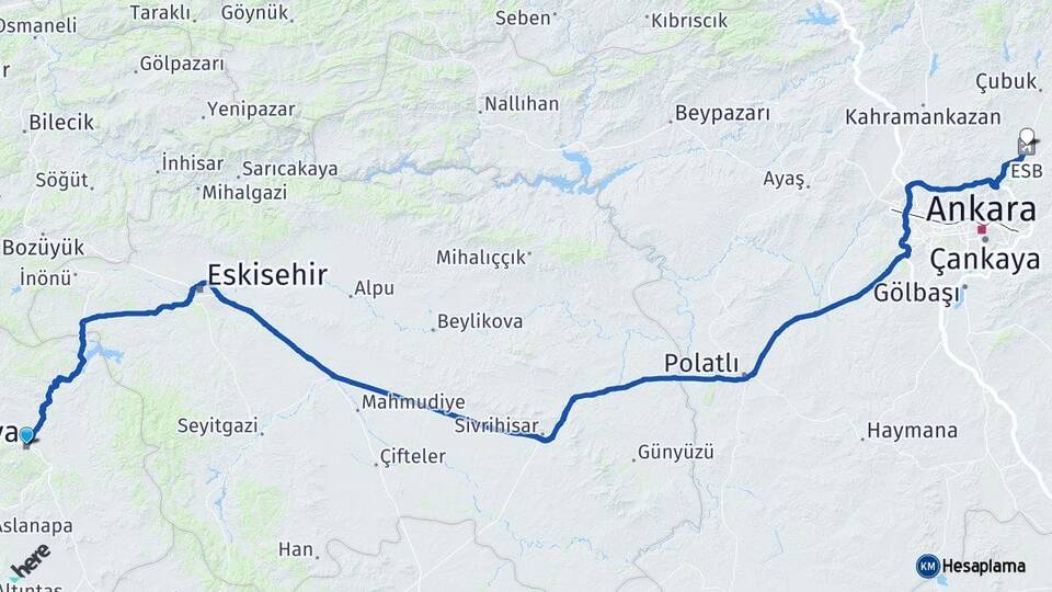 Kütahya Esenboğa Havalimanı Arası Kaç Km - Yol Haritası