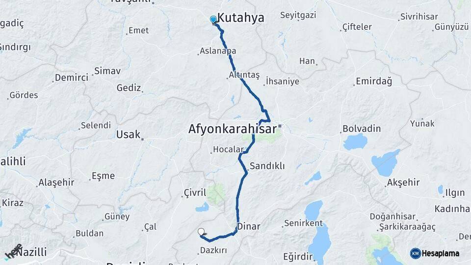 Kütahya Evciler Afyonkarahisar Arası Kaç Km - Yol Haritası