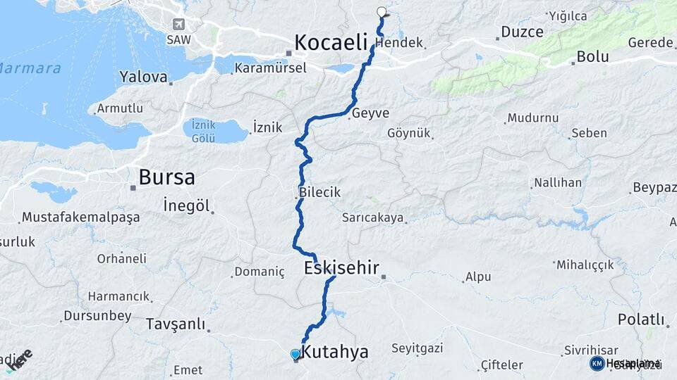 Kütahya Ferizli Sakarya Arası Kaç Km - Yol Haritası