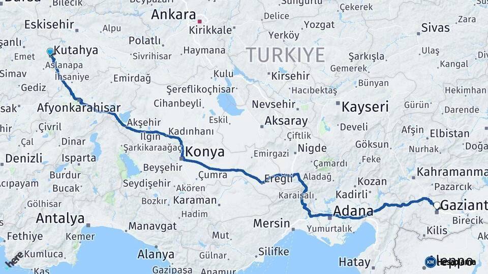 Kütahya Gaziantep Arası Kaç Km - Yol Haritası